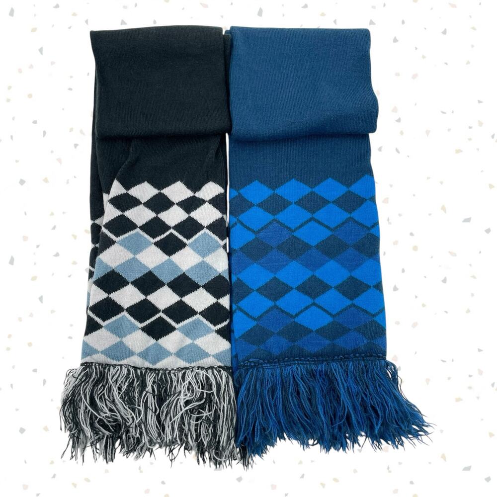 Argyle Scarf Set Classic Diamond Print Fringe Blue Navy & Forest Green 2 Pack